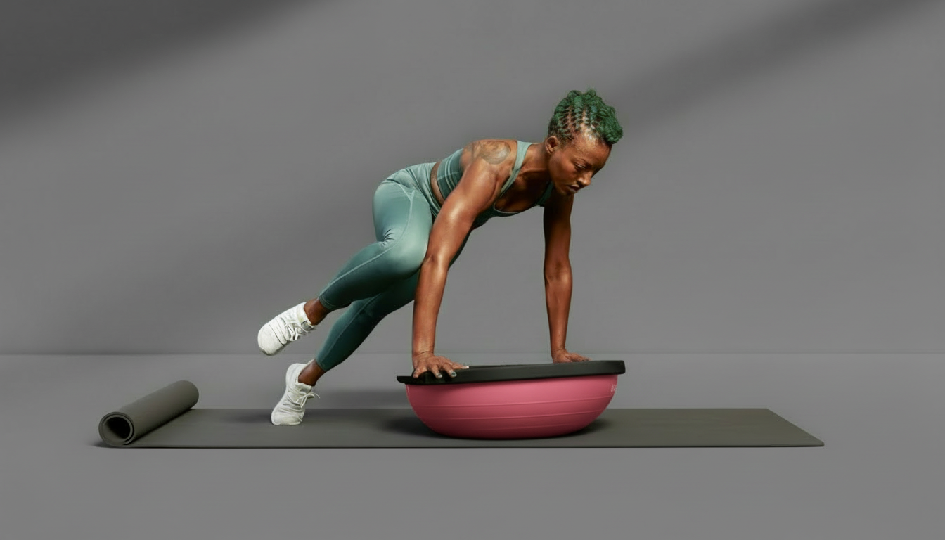 Woman performing a core and balance workout on a pink trainer balance half ball in a fitness studio, exercising on a yoga mat.