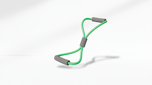 Green resistance band with gray handles on a white-grey background