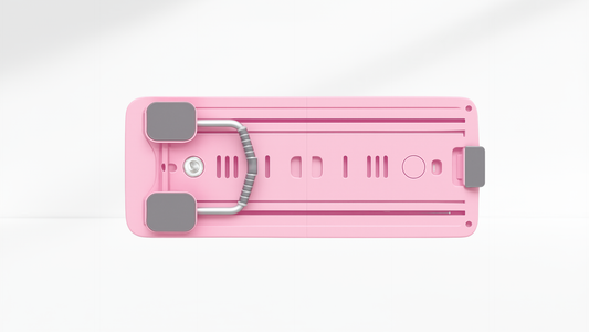 Pink Pilates Board – Timer & Kneeling Pad with gray wheels on a white background