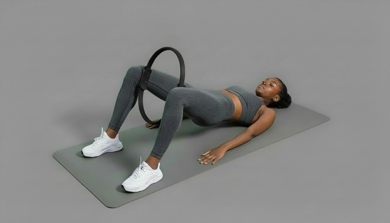 Woman exercising on a mat with a black pilates ring against a gray background
