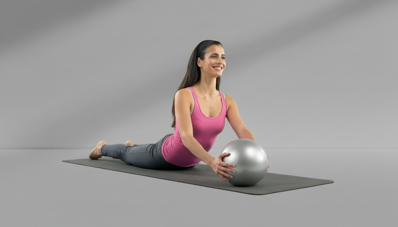 Woman exercising with a medicine ball on a gray background
