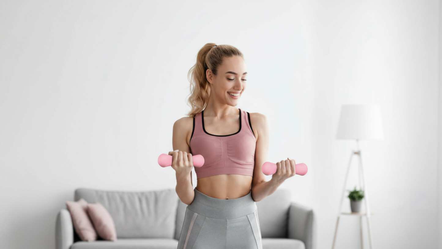 Woman exercising with pink Dumbbells – Candy Color Compact in a living room setting