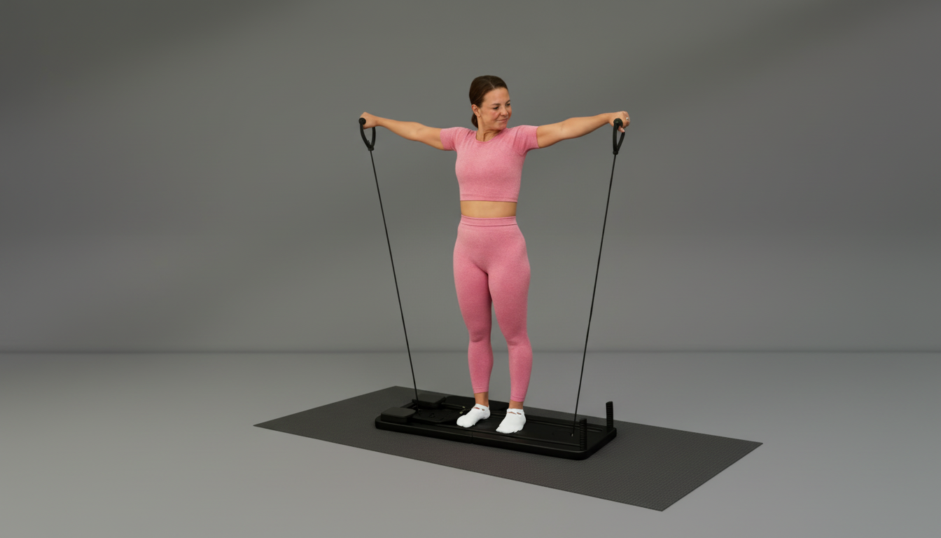Woman in pink workout attire using black Pilates Board – Timer & Kneeling Pad on a gray background