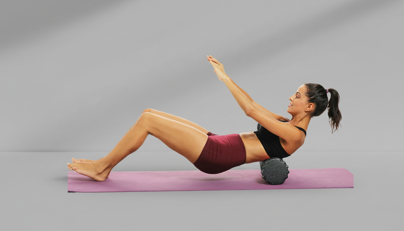 Woman performing a Pilates exercise with a black EPP Foam Roller (33cm) on a pink mat with a gray background