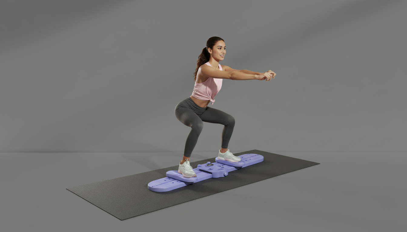 Woman performing a workout with Pilates Ski Board – Pelvic & Hip Strengthener on a gray background