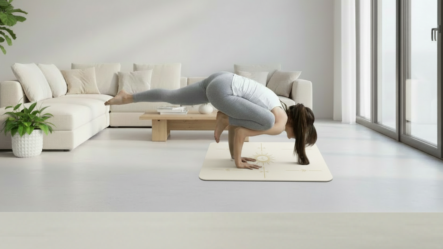 Woman practicing an advanced yoga balance pose on a white flat support mat in a bright modern room.