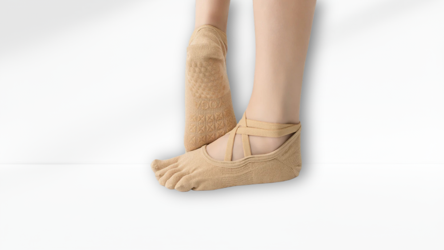 Beige socks worn with a white background