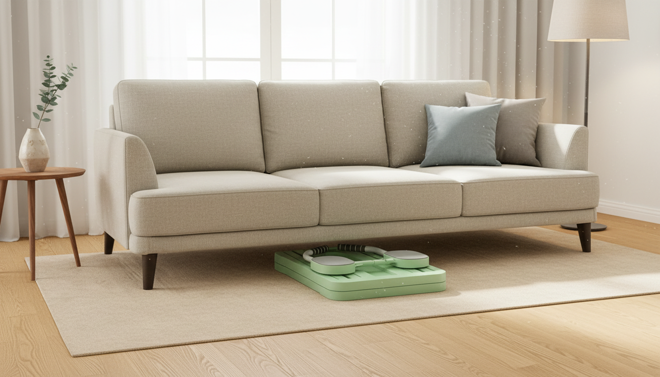Beige sofa in a living room with a green Pilates Board – Without Resistance Rope on the floor.