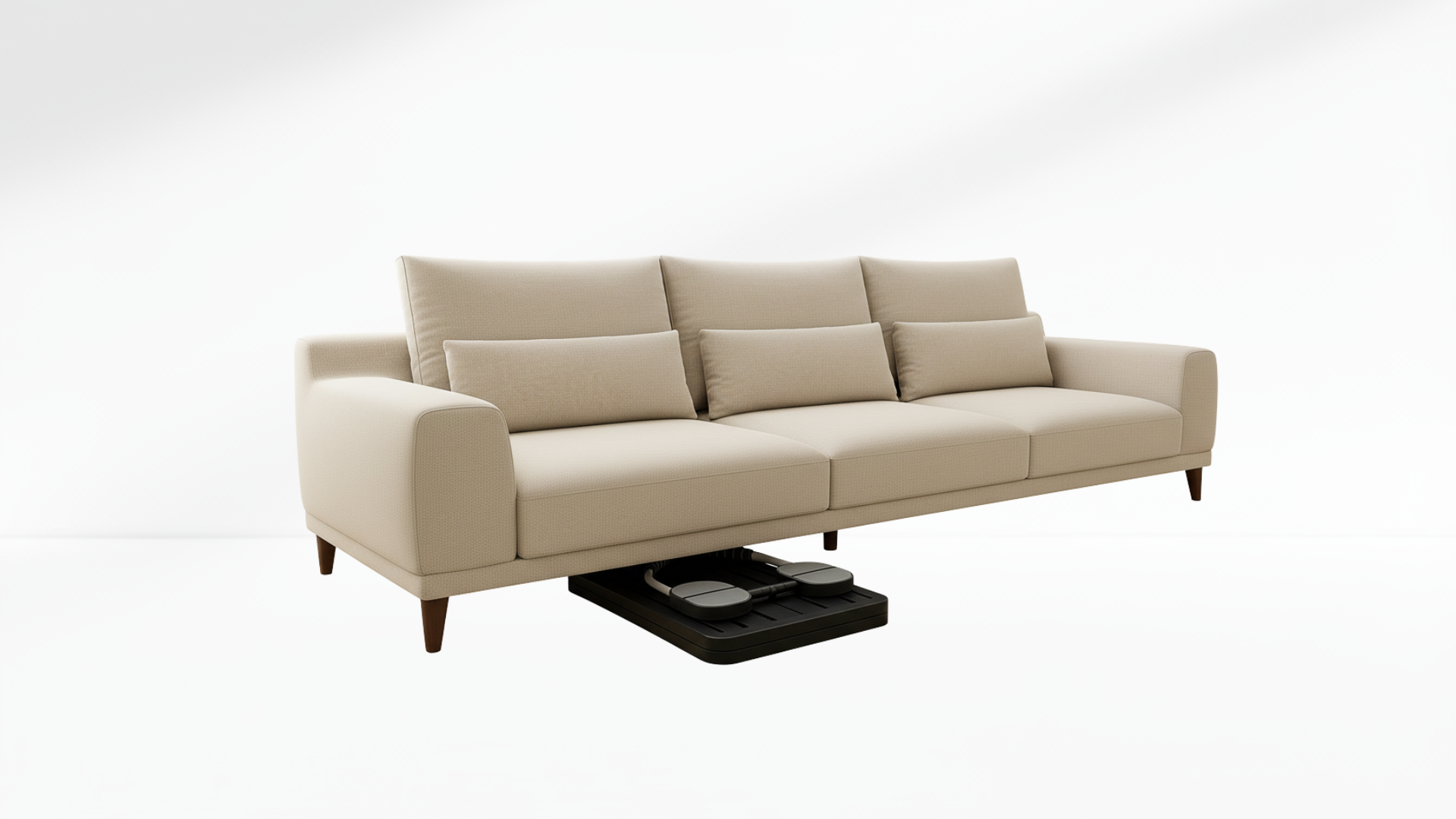 Beige sofa with a Pilates Board –  Resistance Ropes (Front & Back) below on a white background