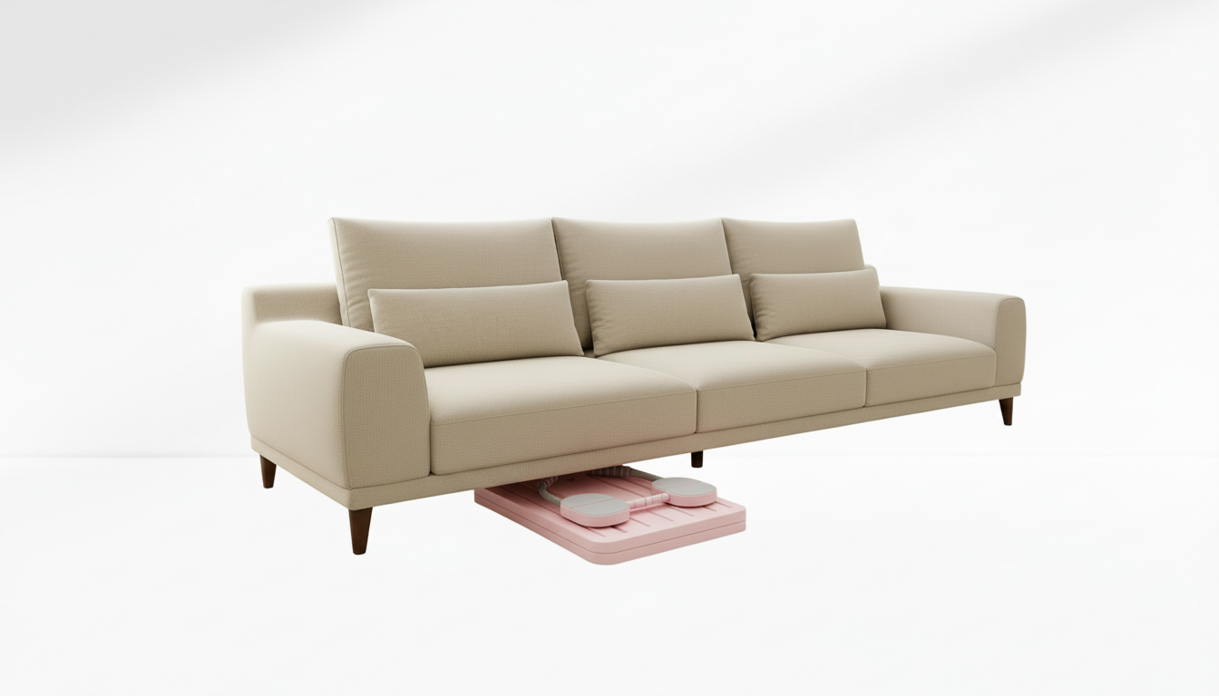 Beige sofa with a pink Pilates Board –  Resistance Ropes (Front & Back) below on a white background