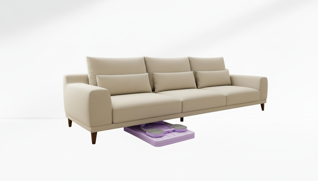 Beige sofa with a purple Pilates Board –  Resistance Ropes (Front & Back) on a white background