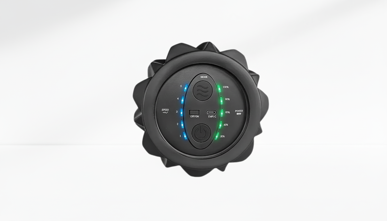 Black Electric Vibrating Foam Roller with control buttons on a white background