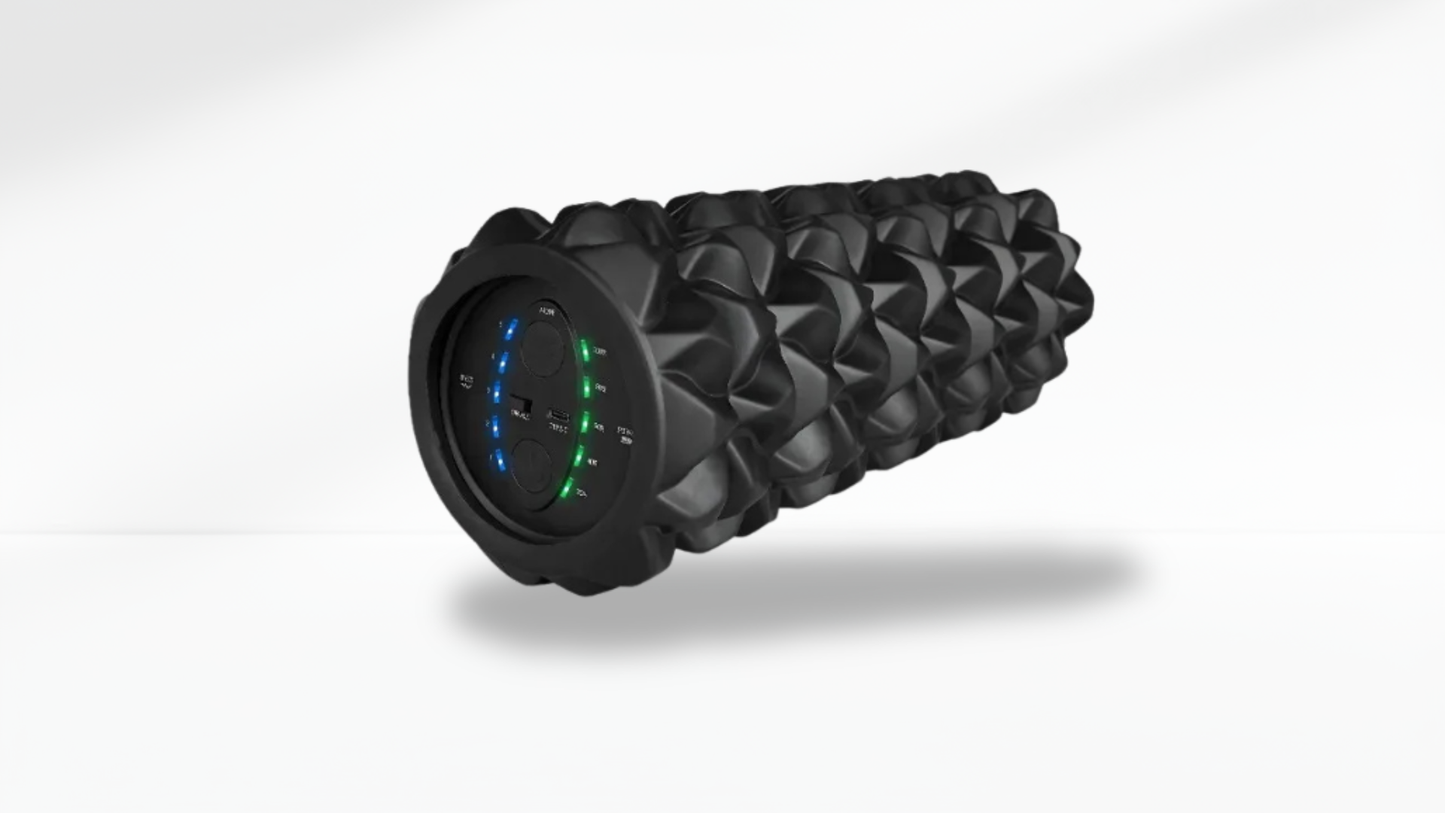 Black Electric Vibrating Foam Roller with textured surface on a white background