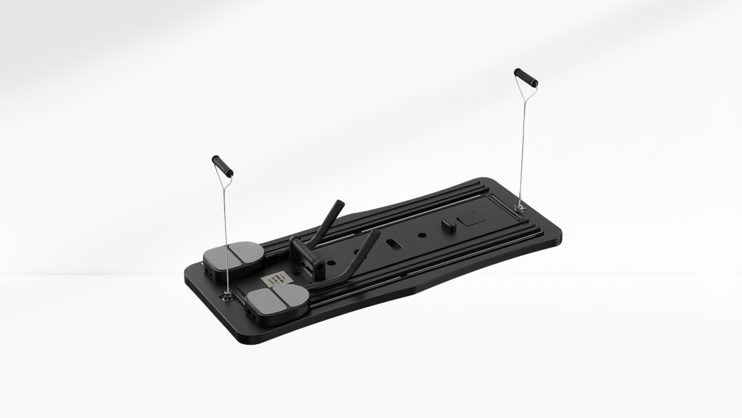 Black Pilates Board –  Resistance Ropes (Front & Back) with multiple attachments on a white background