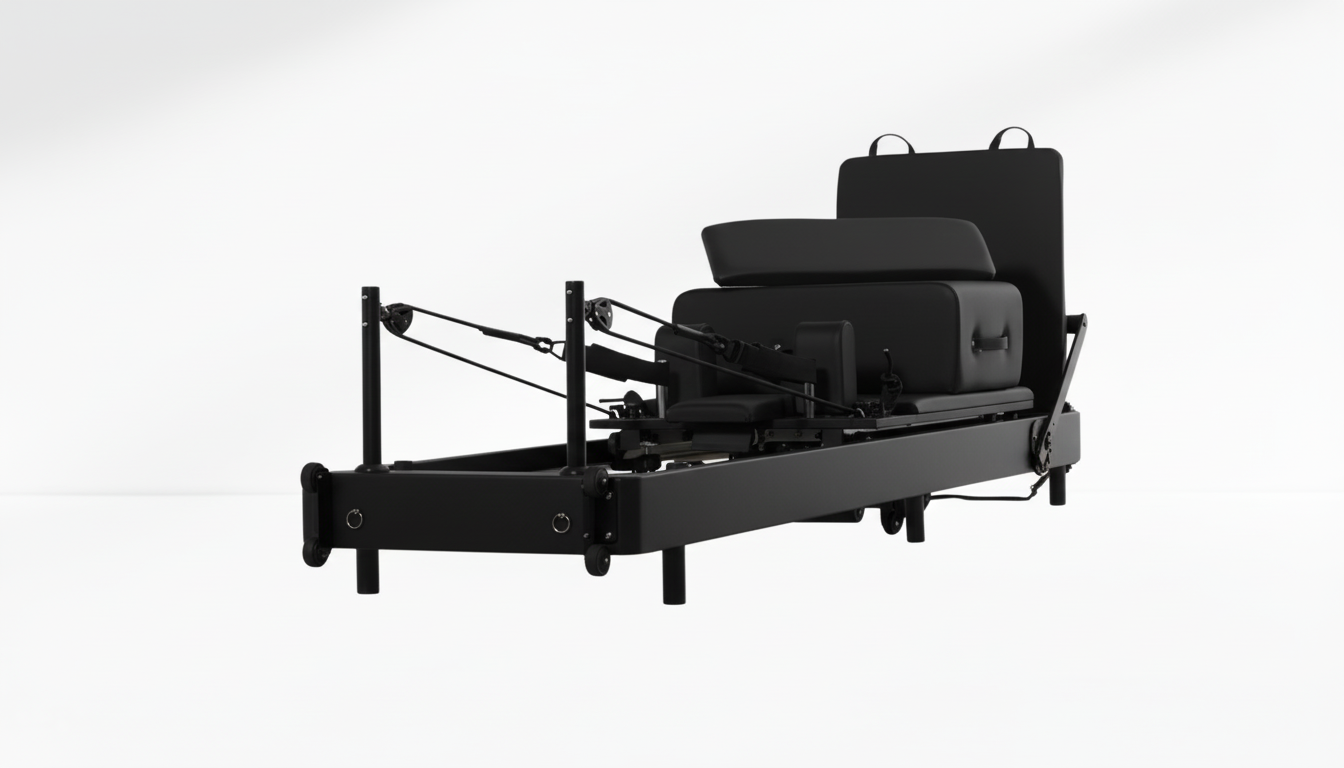 Black Pilates Reformer – Rebounder & 6-Level Resistance with box  on a white background