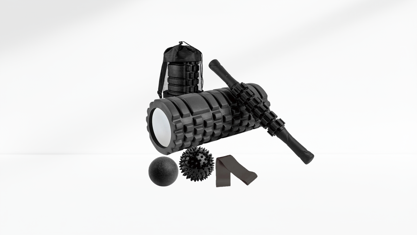 Black foam roller massage set with textured roller, massage stick, spiky ball, smooth ball, resistance band, and carrying bag displayed on a white background.