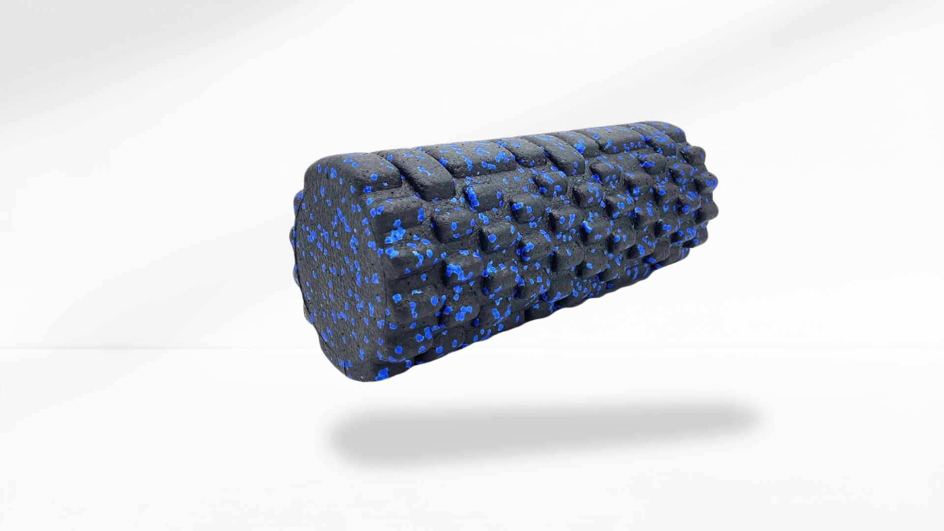 Black foam roller with blue accents on a white background