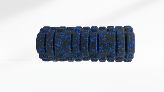 Black foam roller with blue textured pattern on a white background
