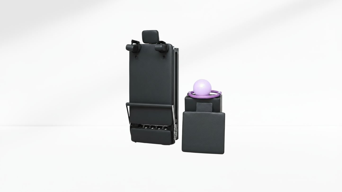 Black pilates reformer with a purple light on a white background