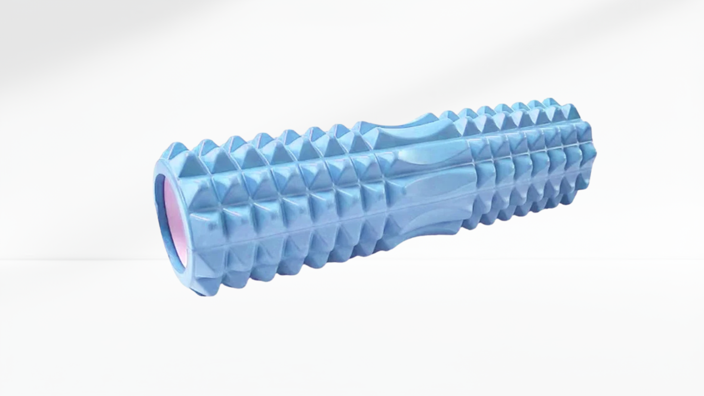 Blue EVA Foam Roller 33cm with textured surface on a white background