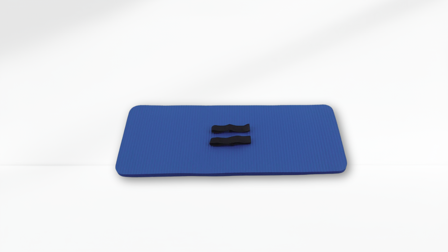 Blue exercise mat with black handles on a white background