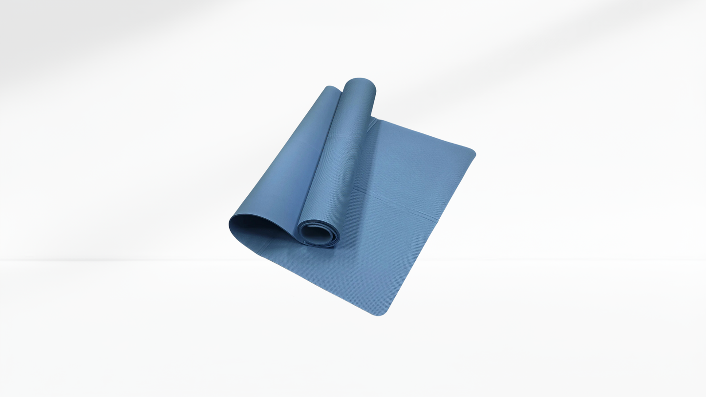 Blue navy EVA Soft Yoga Mat rolled up on a white background