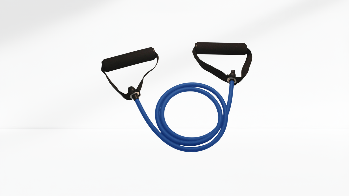 Blue resistance band with black handles on a white background