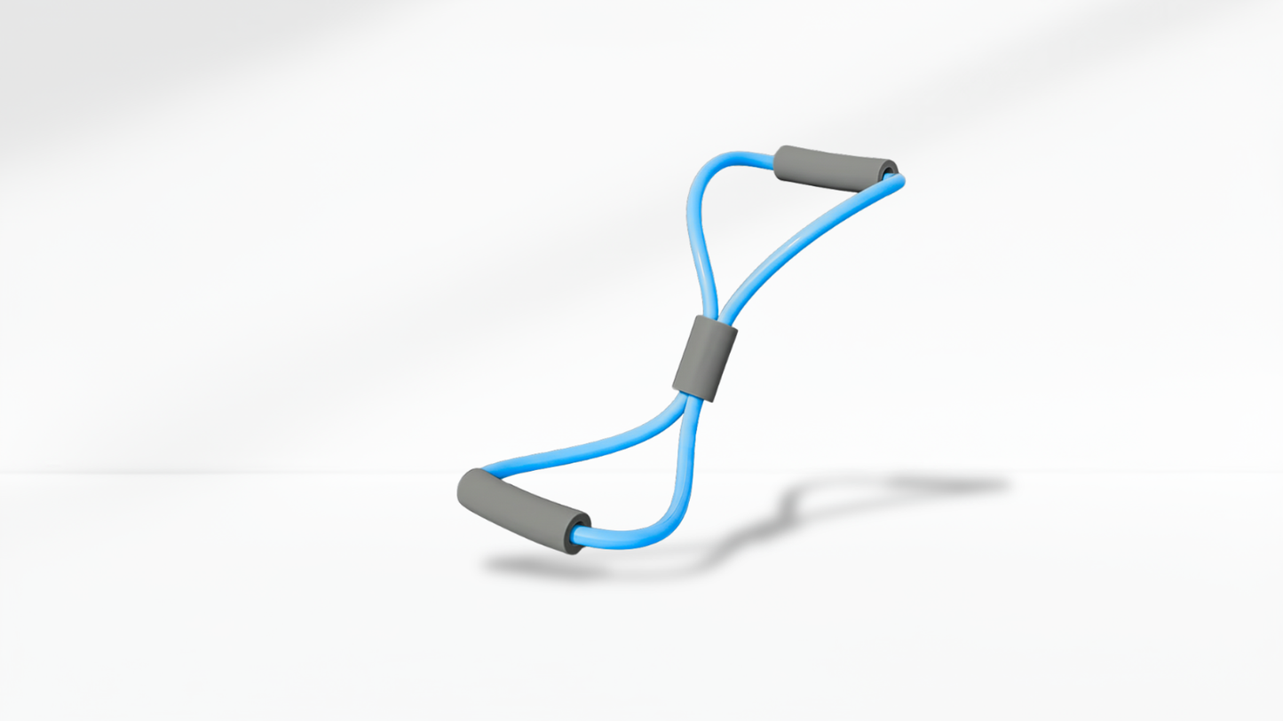 Blue resistance band with gray handles on a white-gray background