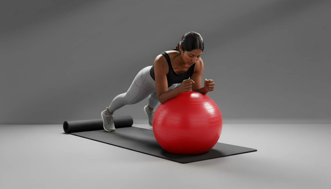 Woman exercising on a red ball with a gray background