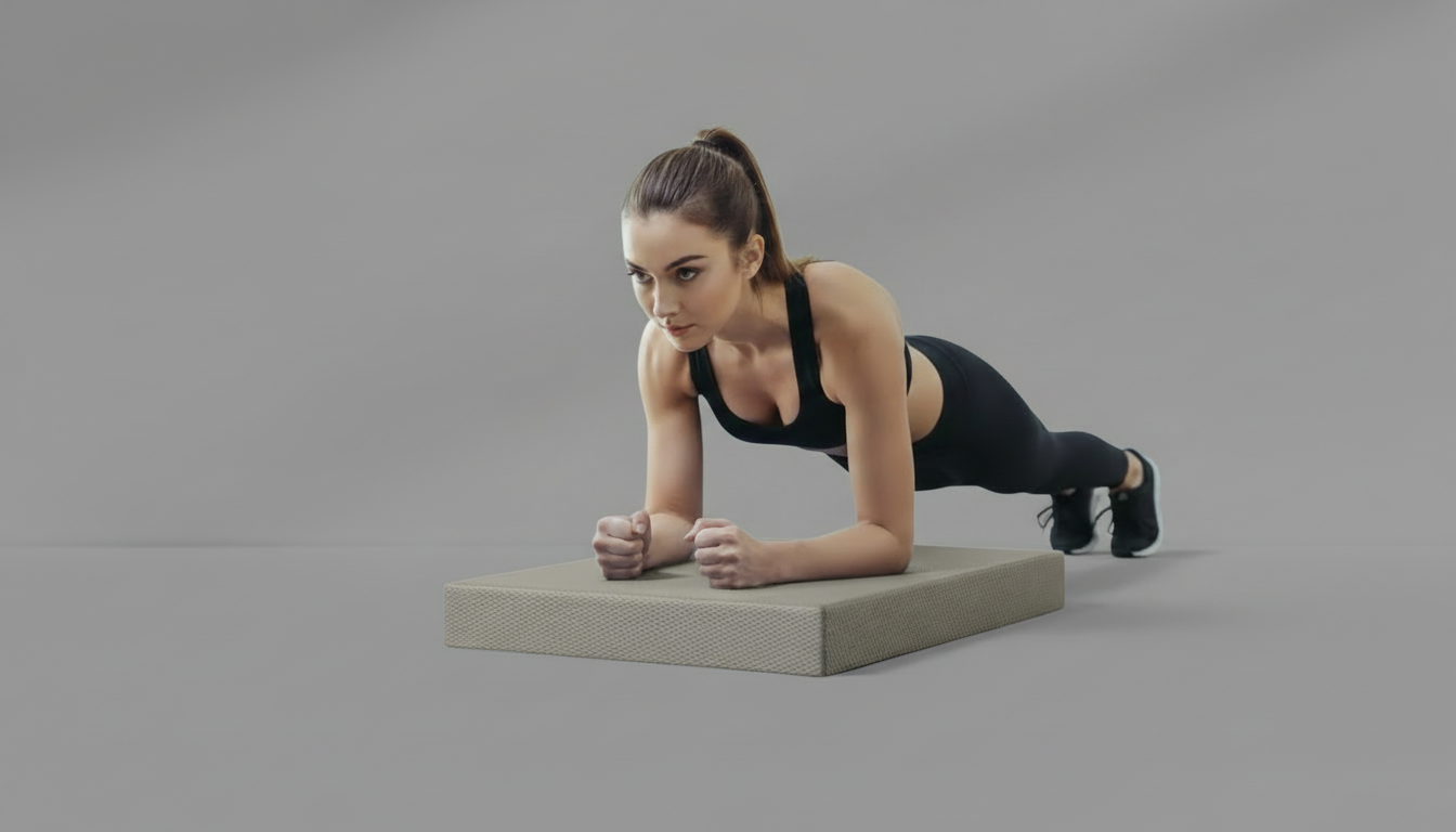 Woman performing a Yoga Balance Pad – 5cm Thick TPE exercise on a gray background