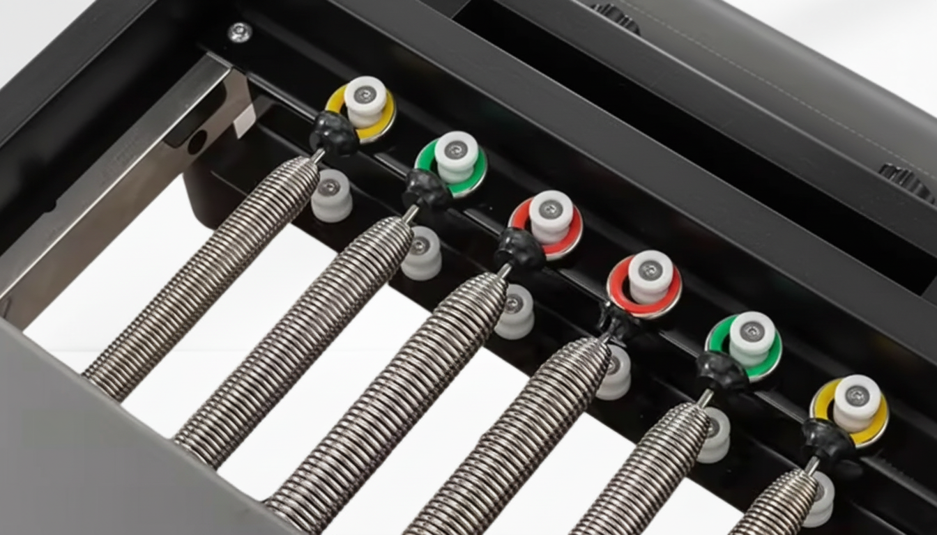 Close-up of a mechanical black Pilates Reformer – Rebounder & 6-Level Resistance with springs and colored knobs on a white background