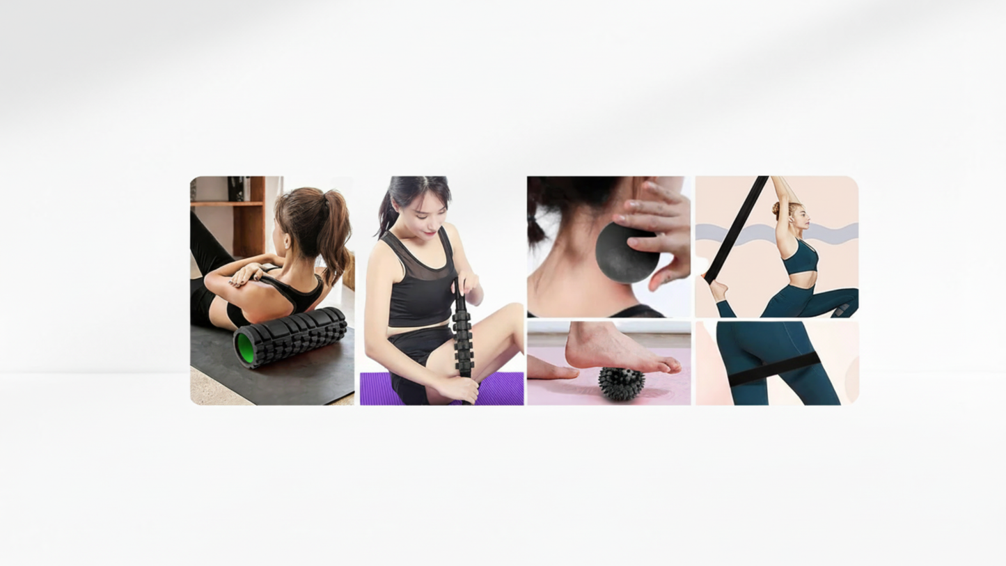 Collage of women using a foam roller set: rolling the back, massaging legs with a stick roller, neck massage with a ball, foot massage with a spike ball, and stretching with a resistance band.