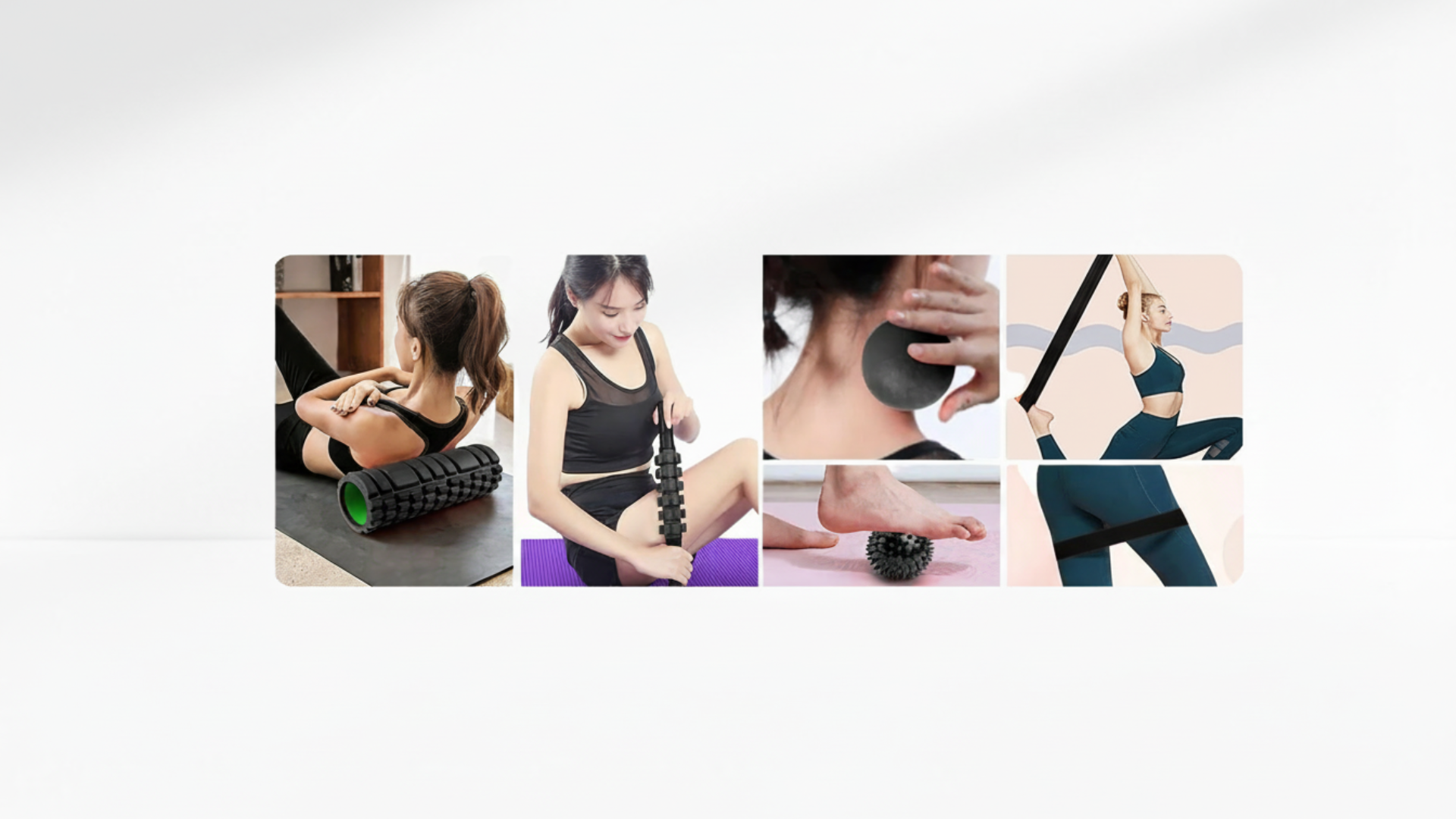 Collage of women using a foam roller set: rolling the back, massaging legs with a stick roller, neck massage with a ball, foot massage with a spike ball, and stretching with a resistance band.