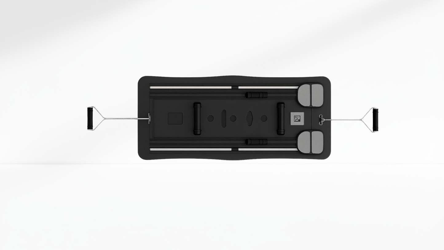 Black Pilates Board –  Resistance Ropes (Front & Back) with labeled components on a white background