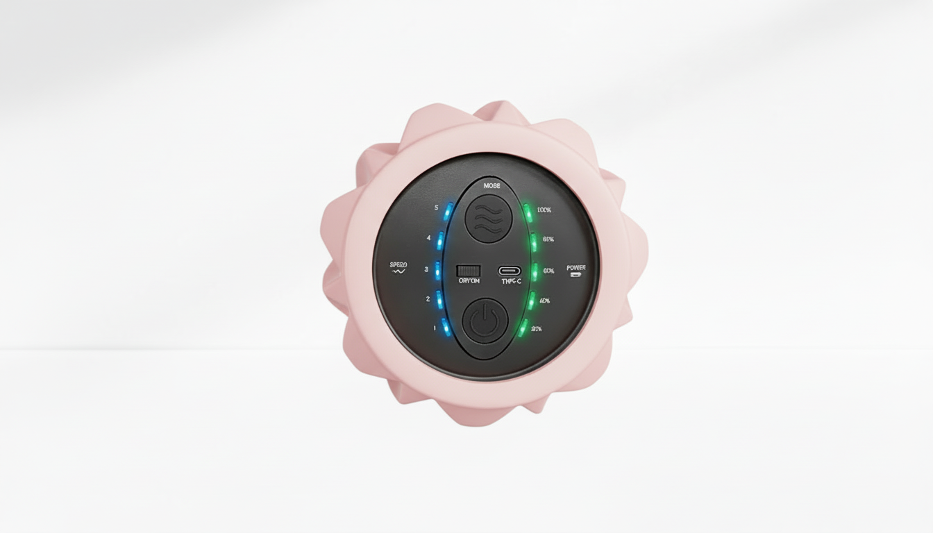 Electric Vibrating Foam Roller Round control panel with pink casing on a white background