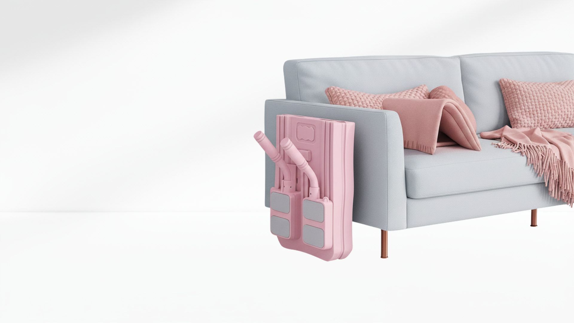Gray sofa with pink Pilates Board – Side Resistance Ropes folded and blanket on a white background