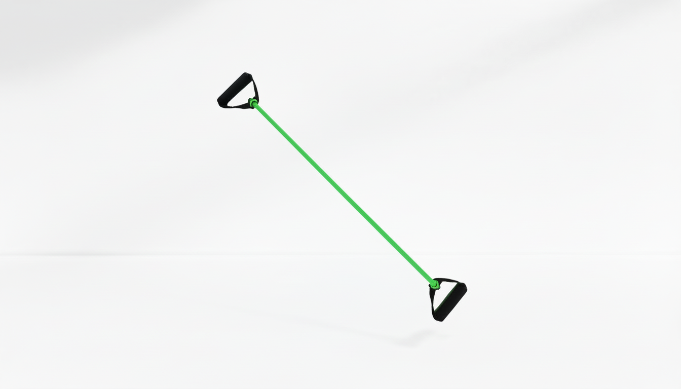 Green resistance band with black handles on a white-grey background