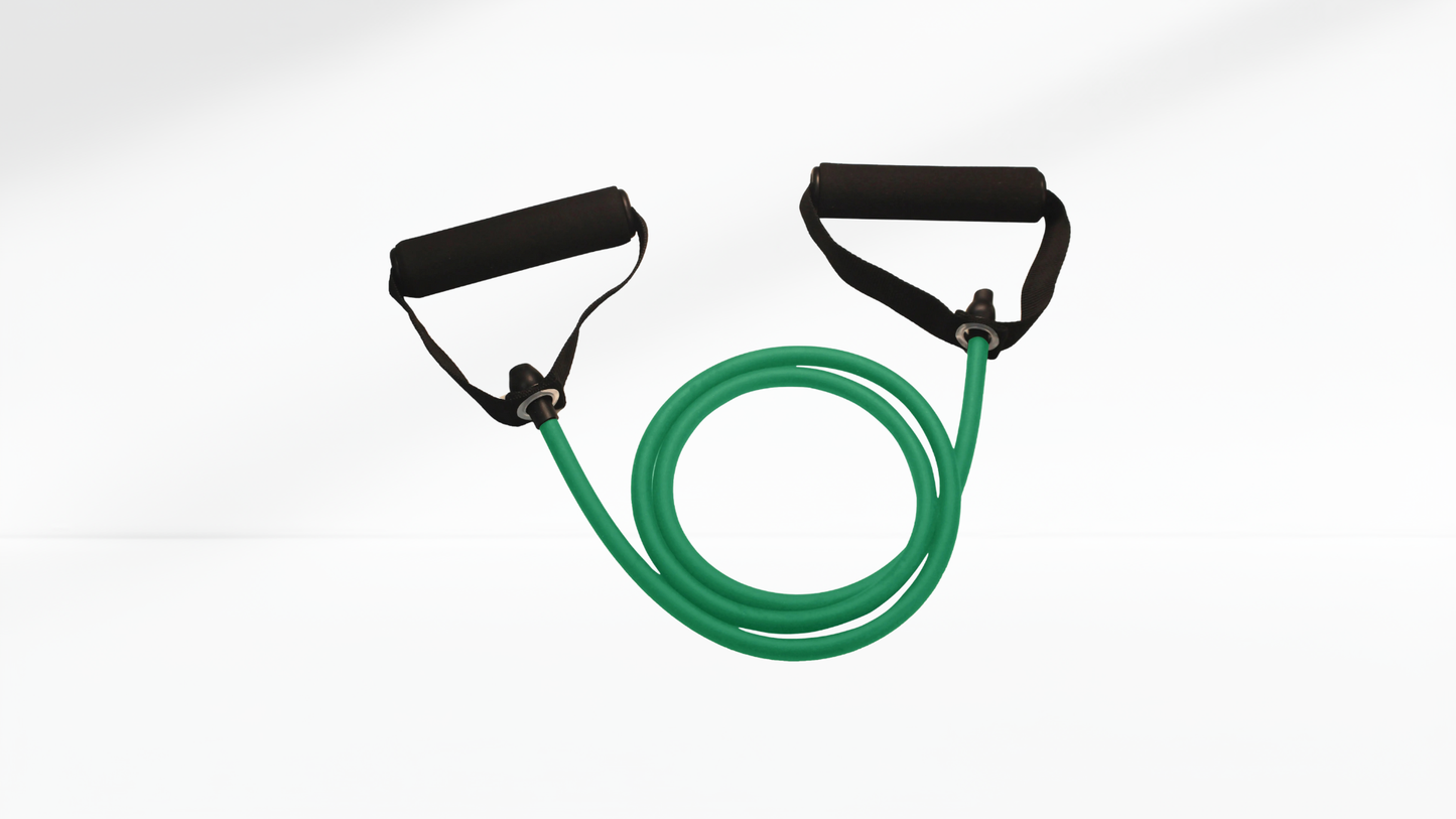 Green resistance band with black handles on a white background