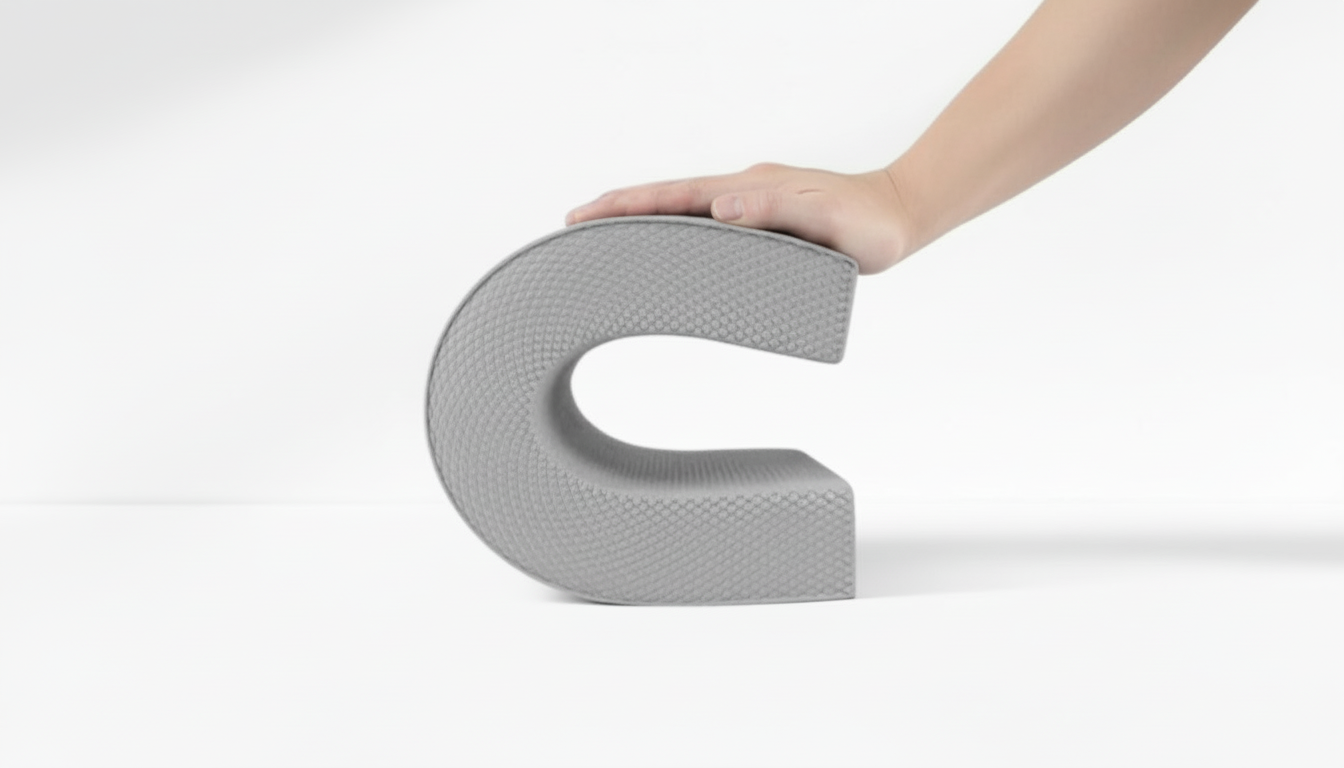 Hand holding a Yoga Balance Pad – 5cm Thick TPE gray letter 'C' on a white background