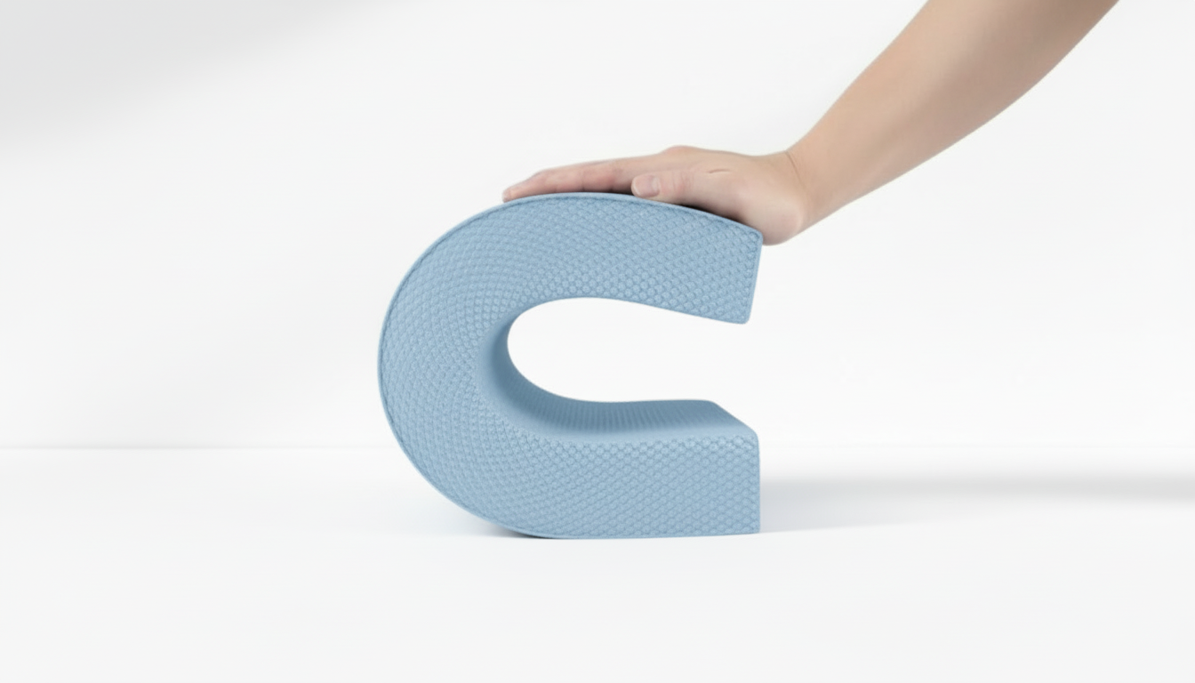 Hand holding a blue letter 'C' shaped Yoga Balance Pad – 5cm Thick TPE on a white background