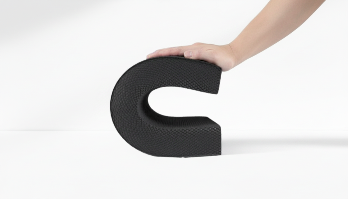 Hand holding a large black Yoga Balance Pad – 5cm Thick TPE on a white background