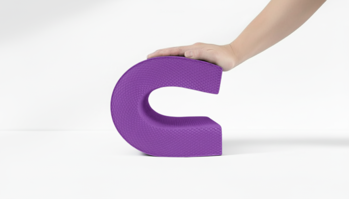 Hand holding a purple Yoga Balance Pad – 5cm Thick TPE on a white background