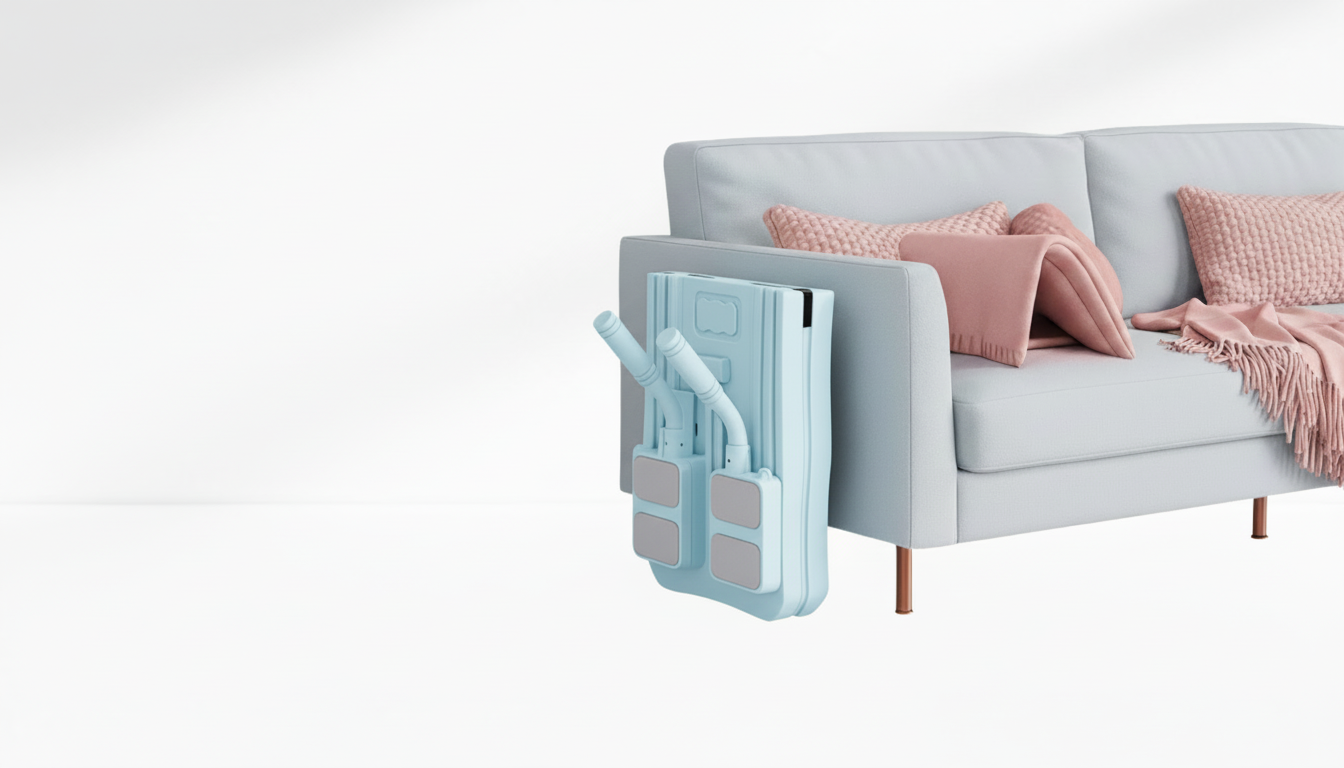 Light blue sofa with a blue  Pilates Board – Side Resistance Ropes floded on a light gray sofa against a white background