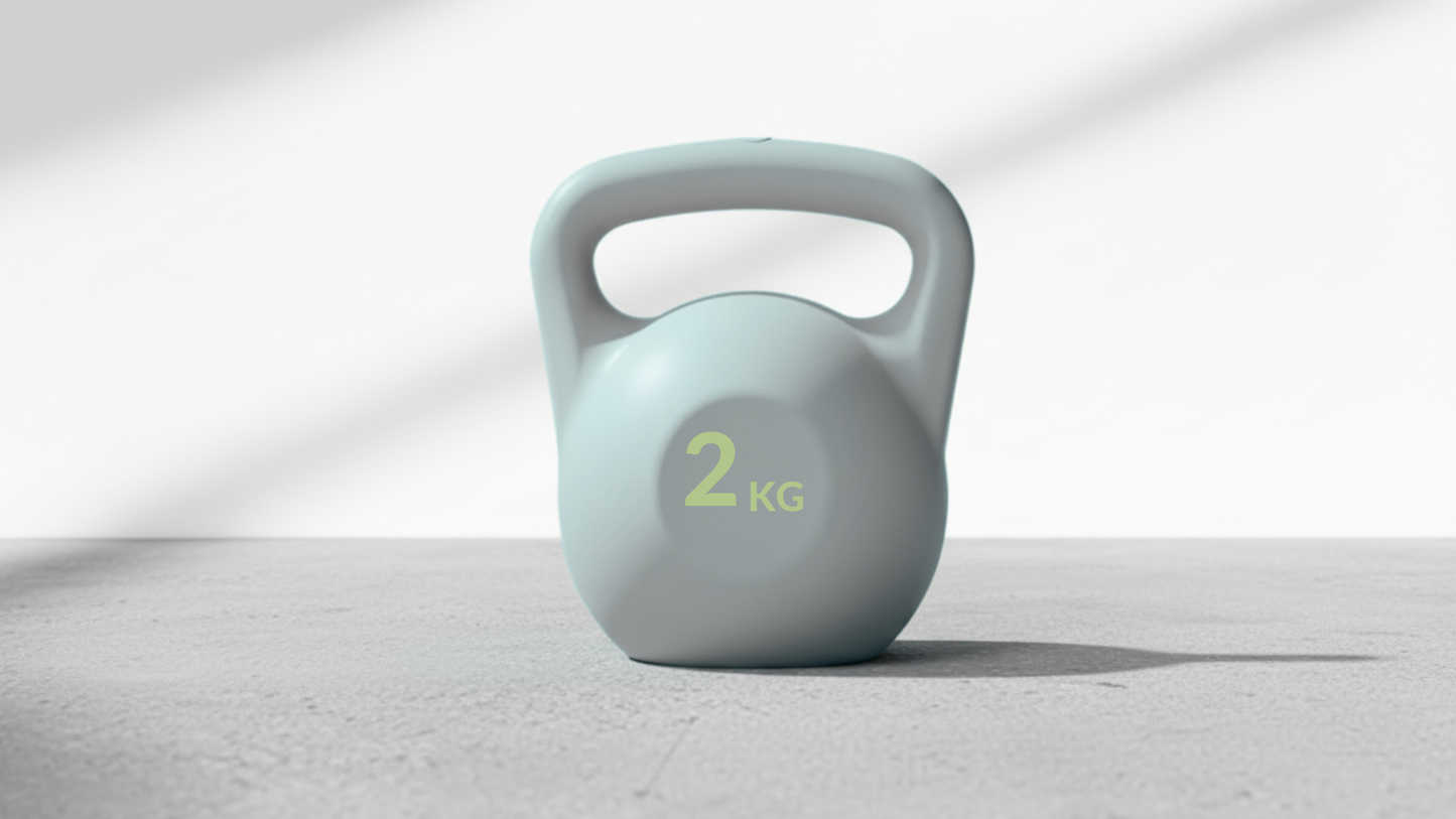 Light grey 2kg kettlebell on a light gray background