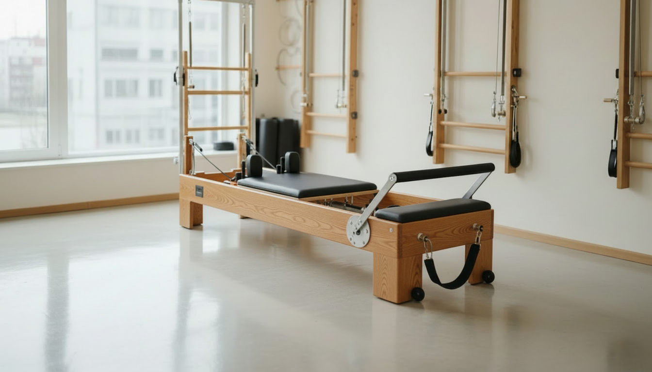 Oak Pilates reformer machine in a bright room with large windows