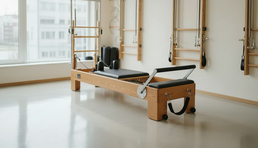 Oak Pilates reformer machine in a bright room with large windows