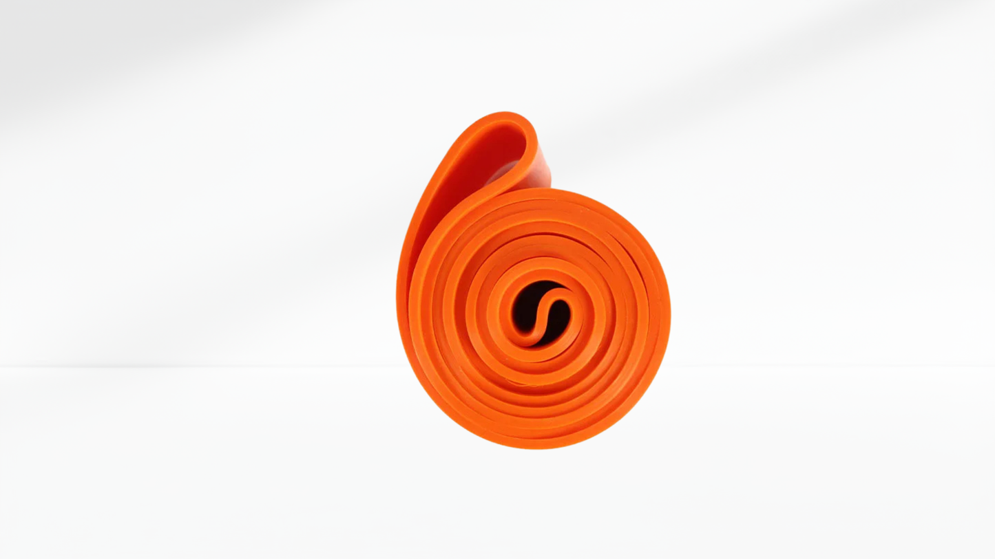 Orange resistance band with a black logo on a white background
