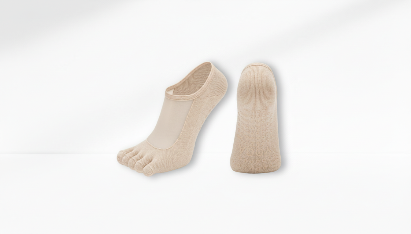 Pair of beige  toe socks mesh grip on a white background