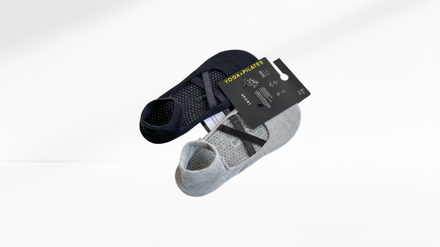Pair of black and gray Grip Socks – Ballet Mary Jane with packaging on a white background