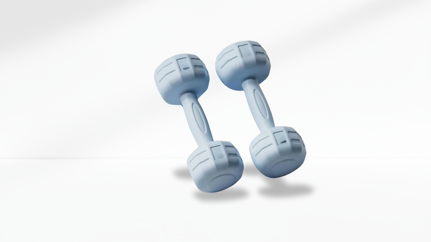 Pair of blue dumbbells on a white background